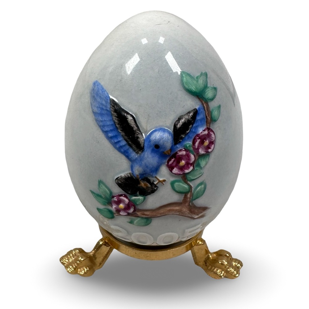 Goebel Germany 2005 Annual Easter Egg Blue Bird Flower Porcelain Gold Stand